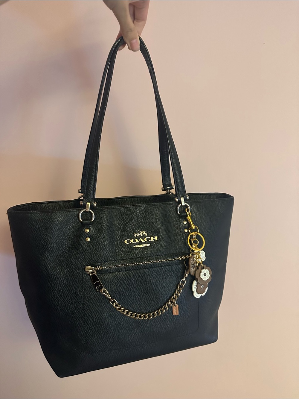COACH Black Leather Tote with Gold Chain Detail